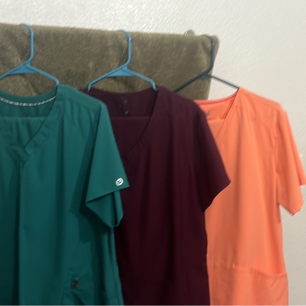 Set of Three Scrub Sets with tops and bottoms - Green, Burgundy, and Orange